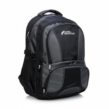 Black and gray Camel Mountain backpack on a white background