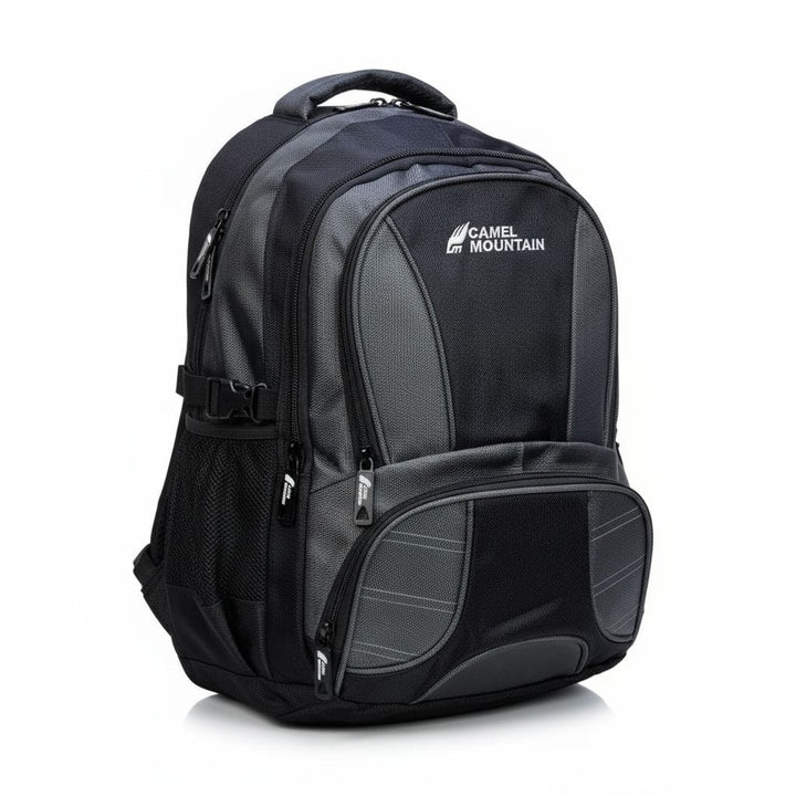 Black and gray Camel Mountain backpack on a white background