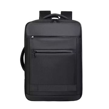 A black laptop backpack with a front zippered pocket and top carry handle, shown from the back view on a solid white background.