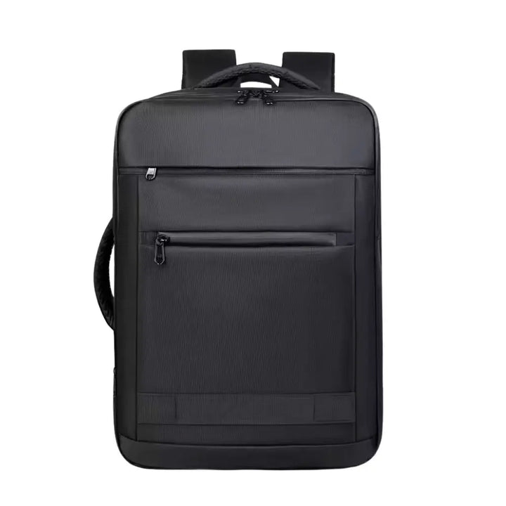 A black laptop backpack with a front zippered pocket and top carry handle, shown from the back view on a solid white background.
