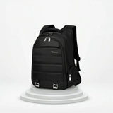 Black backpack on a white pedestal with a white background