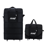 Black rolling duffel bags with 'SPORT' logo, ideal for travel and gym, featuring wheels and handles