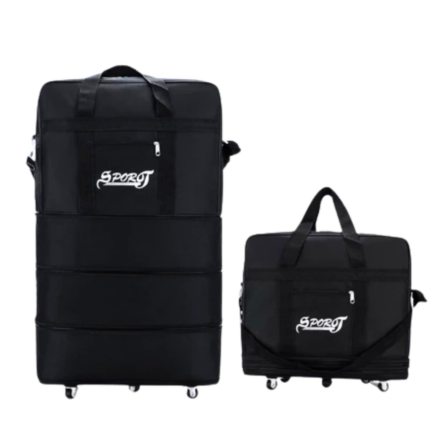 Black rolling duffel bags with 'SPORT' logo, ideal for travel and gym, featuring wheels and handles