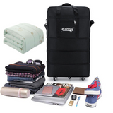Black rolling duffel bag with 'SPORT' logo, ideal for travel, gym, or student use with wheels and handles