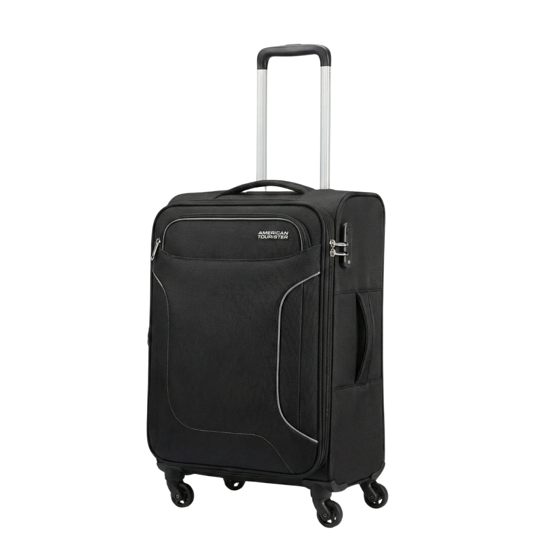 Black suitcase with American Tourister logo on a white background