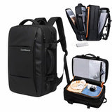 Black LanQunji laptop backpack shown closed on the left and open on the right, with two smaller inset views showing interior compartments and packed contents on a white background.