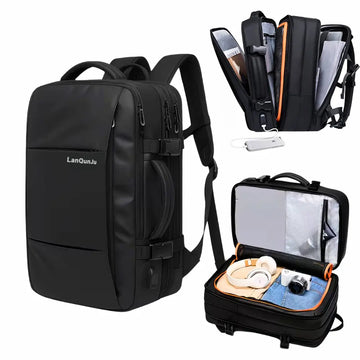 Black LanQunji laptop backpack shown closed on the left and open on the right, with two smaller inset views showing interior compartments and packed contents on a white background.