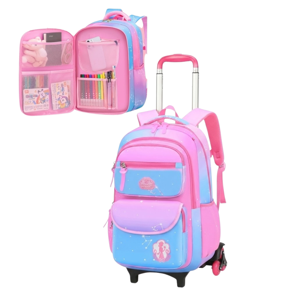 Pink and blue school backpack with rolling wheels and open compartments showing stationery.
