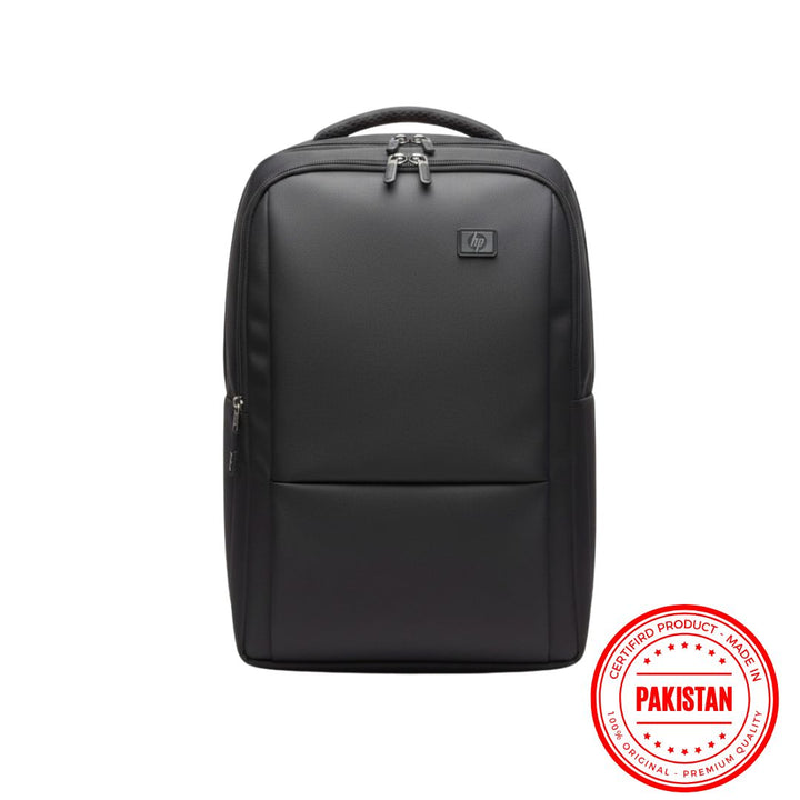 Black backpack with HP logo on a white background, featuring a 'Made in Pakistan' badge.