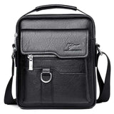 Black leather crossbody messenger bag with top handle and front pockets