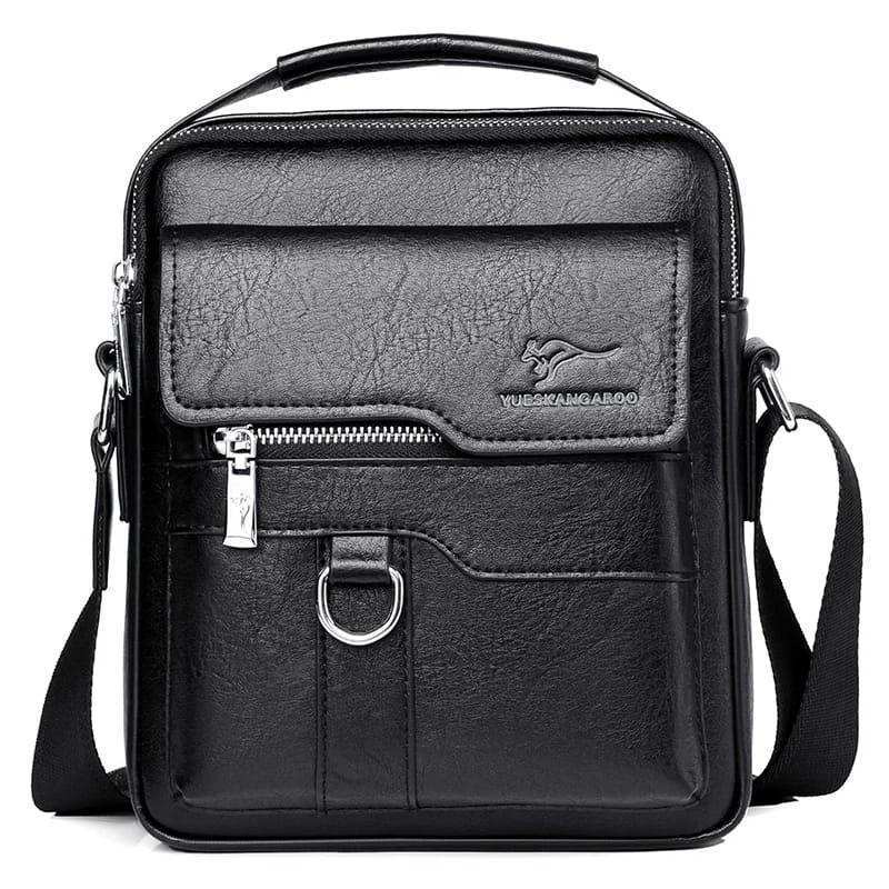 Black leather crossbody messenger bag with top handle and front pockets