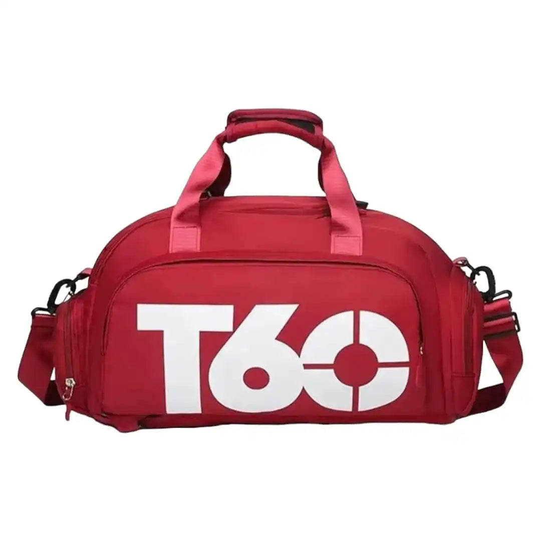 Red T60 duffel bag with white logo, ideal for travel and gym use