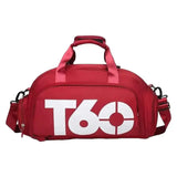 Red T60 duffel bag with white logo, ideal for travel and gym use
