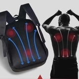 Ergonomic backpack with padded support, airflow design, shown next to human back illustration