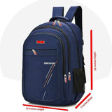 Navy blue school backpack with multiple compartments and size dimensions, 18x12x7 inches.