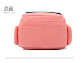 Pink kids travel backpack with blue top, side pockets, and mesh base for school or short trips