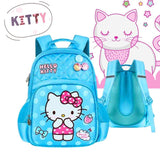 Blue Hello Kitty kids backpack with polka dots, pink bow, and strawberry design for school or travel
