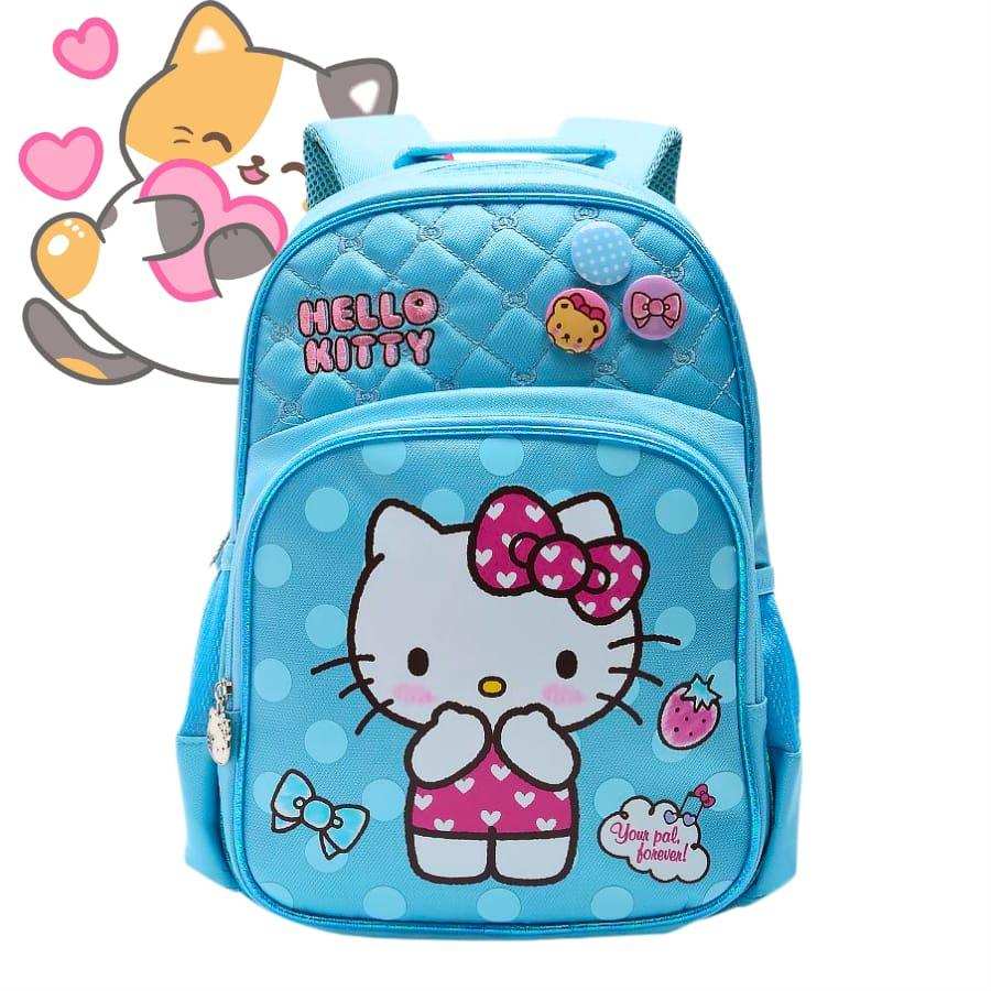 Blue Hello Kitty kids backpack with polka dots, pink bow, and cute character design for school or travel