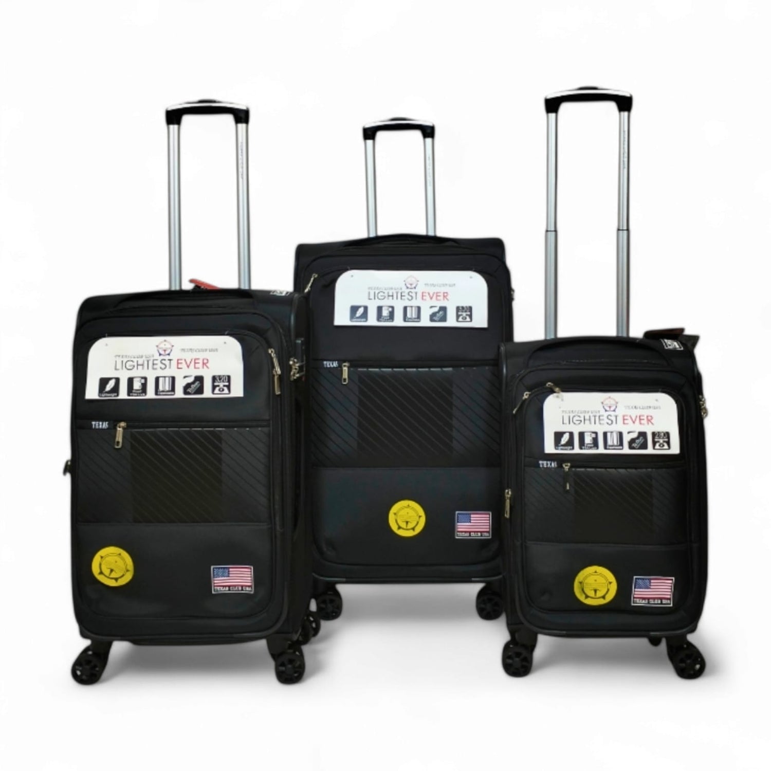 Lightweight black travel luggage set with wheels, 'Lightest Ever' label, and USA flag patch