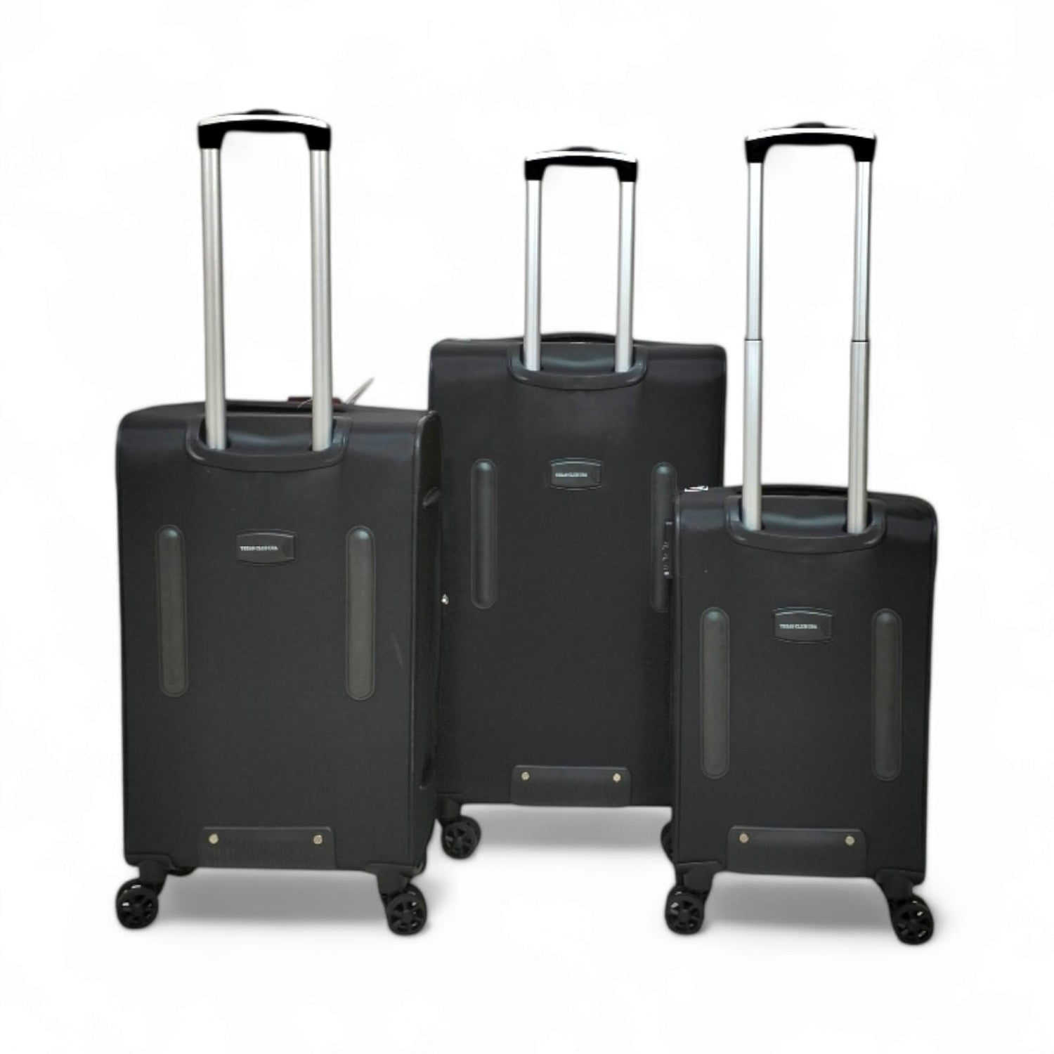 Set of three black hardshell travel suitcases with extendable handles and spinner wheels