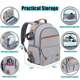 Gray travel backpack with 15.6" laptop compartment, mesh iPad pocket, and water bottle holder