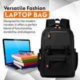 A black laptop backpack with small orange zipper pulls, shown next to a laptop, books, and glasses on a light gray graphic background. Text reads 'Versatile Fashion LAPTOP BAG' and 'Designed for the modern traveler, it offers a perfect blend of functionality, durability, and elegance.