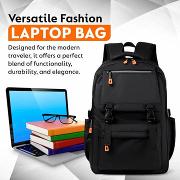 A black laptop backpack with small orange zipper pulls, shown next to a laptop, books, and glasses on a light gray graphic background. Text reads 'Versatile Fashion LAPTOP BAG' and 'Designed for the modern traveler, it offers a perfect blend of functionality, durability, and elegance.