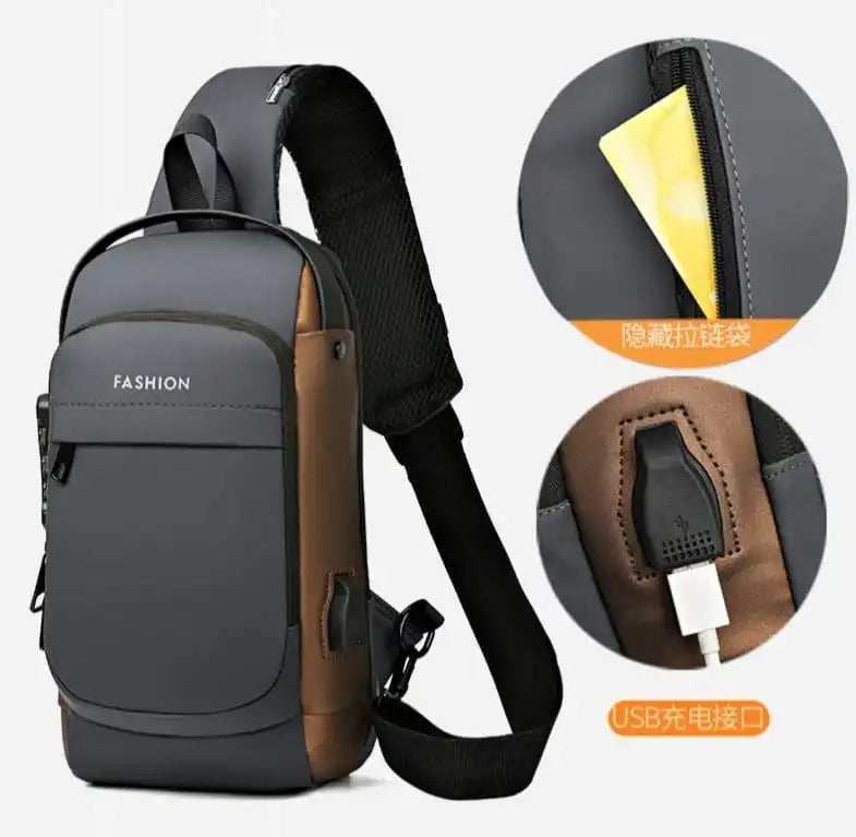 Grey and brown crossbody sling bag with USB charging port and hidden zipper pocket