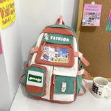 Cute pastel student backpack with cartoon patches, perfect for school or travel