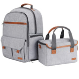 Gray travel backpack and matching lunch tote with brown accents, ideal for students and daily commute