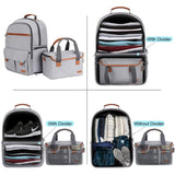 Gray travel backpack with organizer divider, ideal for students & laptop travel, shown packed with clothes & shoes