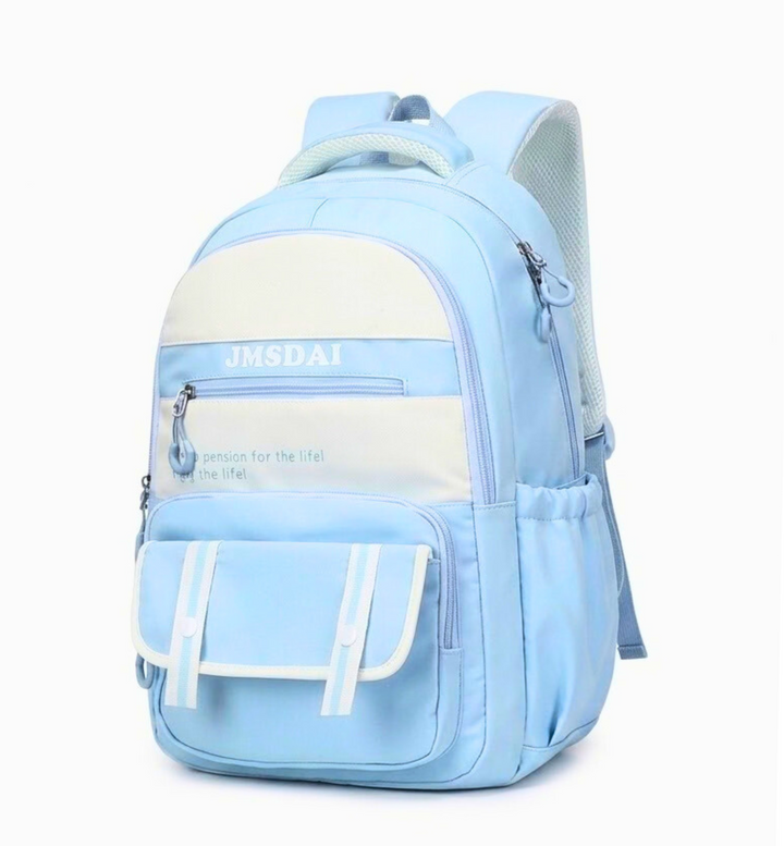 Light blue backpack with white accents on a white background