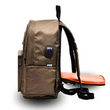 Tan travel backpack with orange cushioned seat, USB port, and black straps for students and laptop carry