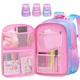 Pink and blue kids backpack with unicorn design, spacious compartments for school supplies and toys