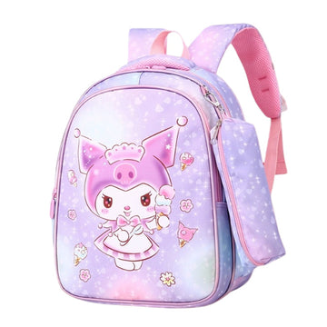 Children's backpack with cartoon character design on a pink background