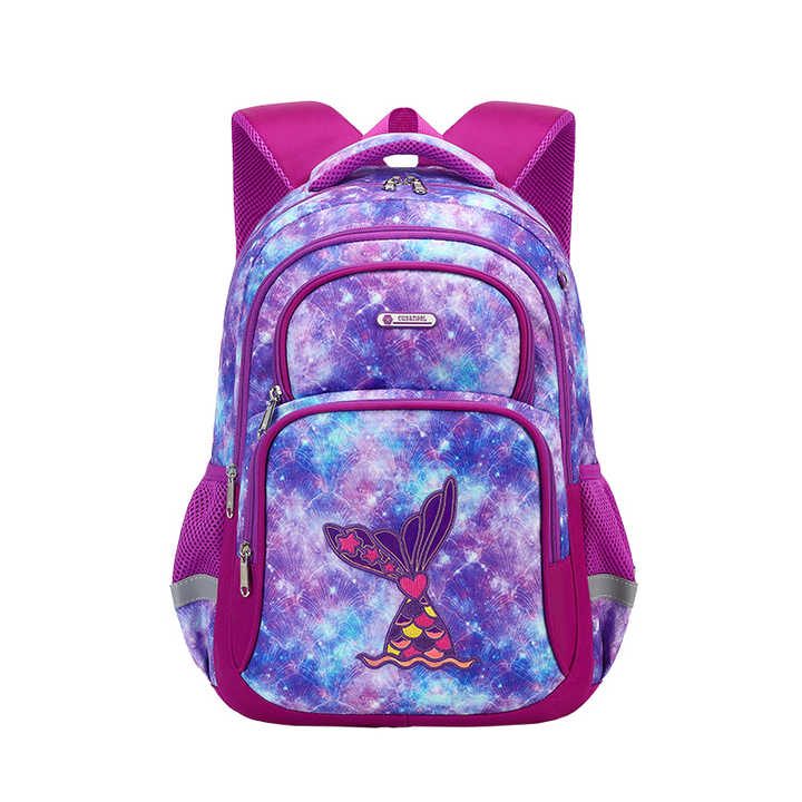 Purple galaxy print kids backpack with mermaid tail design, perfect for school or travel