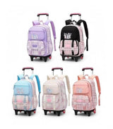 Colorful rolling backpacks with plaid patterns, perfect for students and travel