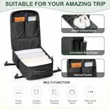 A black multi-compartment travel backpack shown open on a white background, with inset detail photos of its interior features including shoes compartment, convenient side pocket, and internal pocket. Text at the top reads 'SUITABLE FOR YOUR AMAZING TRIP' and 'MULTI-FUNCTION' with icons for laptop, trousers, personal toiletries, personal items, and other small items.