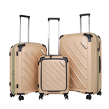 Beige hardshell luggage set with diagonal ridges, extendable handles, and spinner wheels for travel