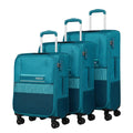 Three-piece American Tourister spinner luggage set in teal blue, featuring a softside carry-on, a medium suitcase, and a hardside suitcase, shown on a white background.