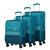 Three-piece American Tourister spinner luggage set in teal blue, featuring a softside carry-on, a medium suitcase, and a hardside suitcase, shown on a white background.