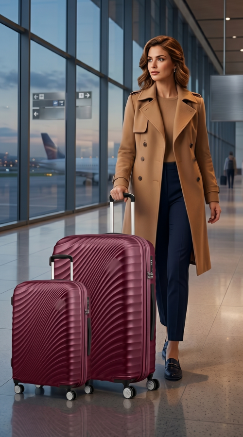 Woman in a tan coat pulling red suitcases in an airport terminal