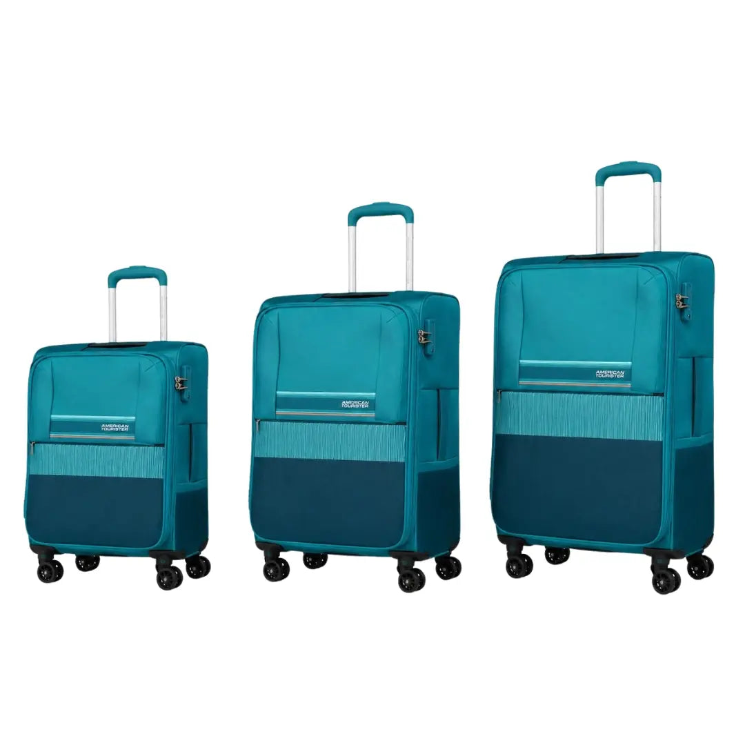 Three matching hard-shell spinner suitcases in teal and navy blue, arranged by size from left to right on a plain white background. The suitcases have telescoping handles extended and visible zipper pulls and brand name details.
