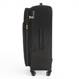 Black softside travel luggage with spinner wheels and front pocket, ideal for students and travelers