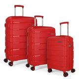 Red American Tourister hard shell luggage set with spinner wheels, ideal for travel and trips