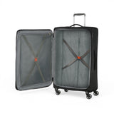 Black travel suitcase with open interior, mesh pockets, and cross straps for packing organization