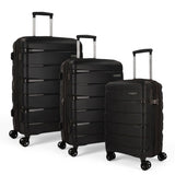 Black American Tourister hard shell suitcases with spinner wheels, ideal for travel luggage needs.