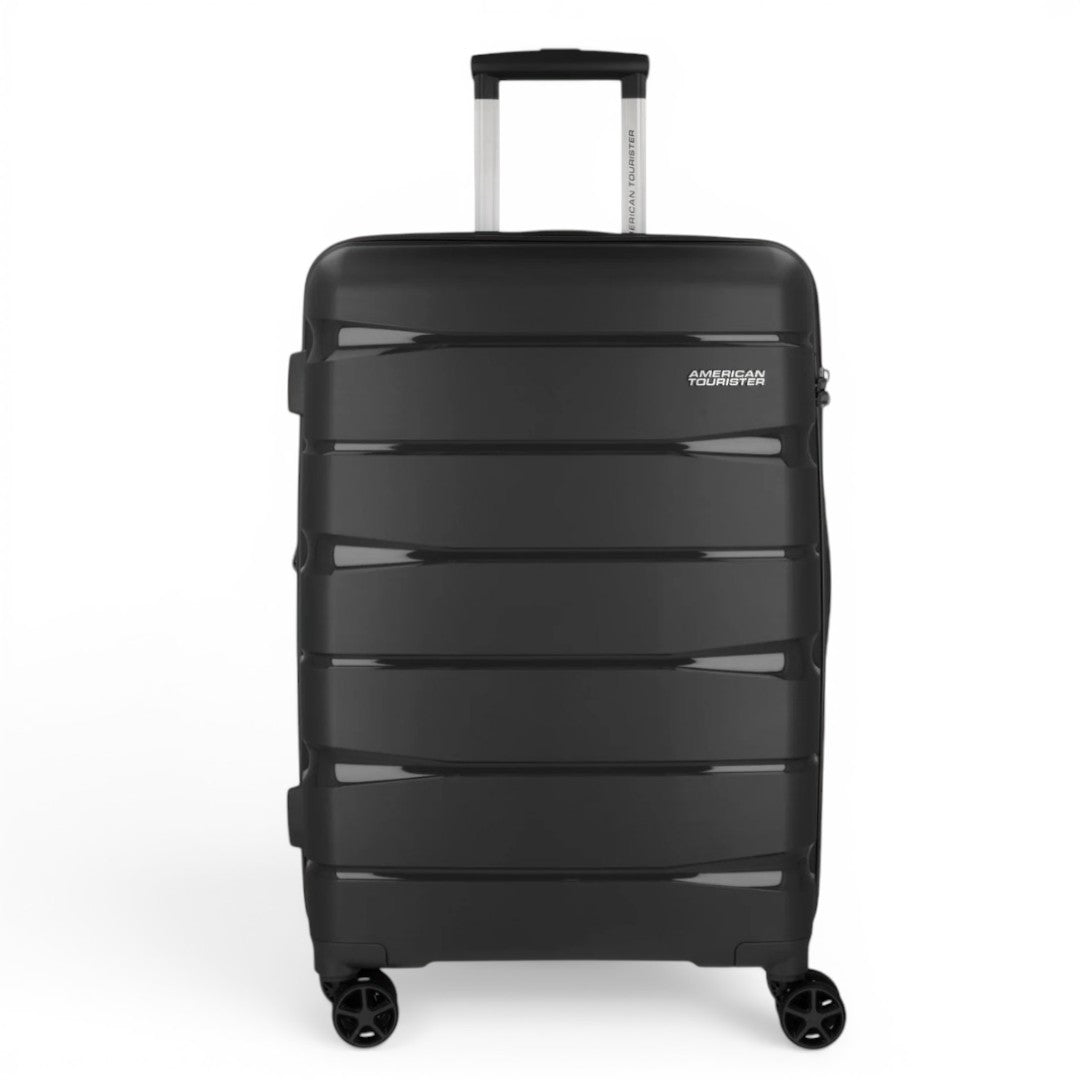Black American Tourister hardshell suitcase with spinner wheels, ideal for travel luggage and trips