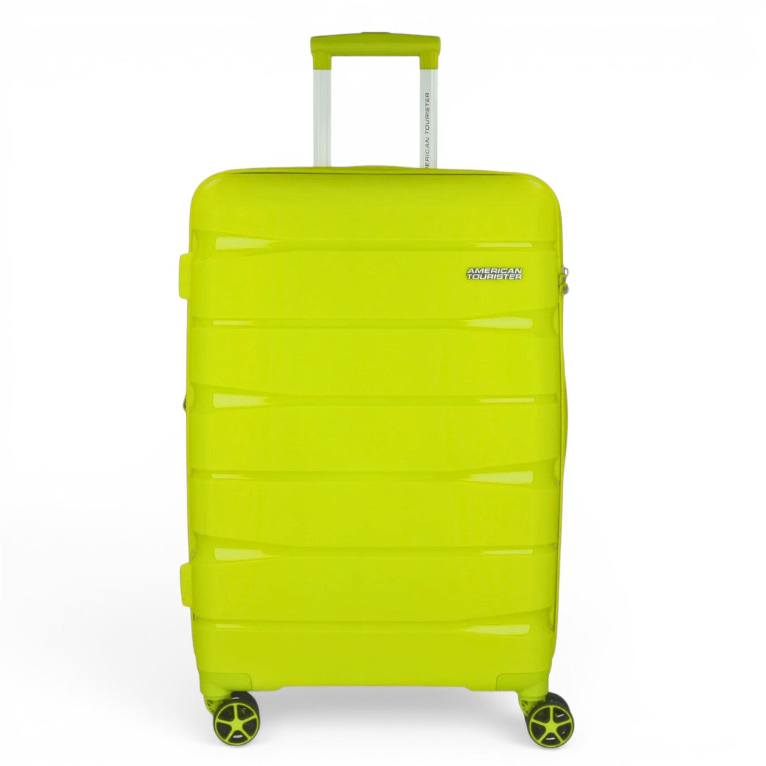 Bright lime green American Tourister hardshell suitcase with 4 spinner wheels and telescopic handle