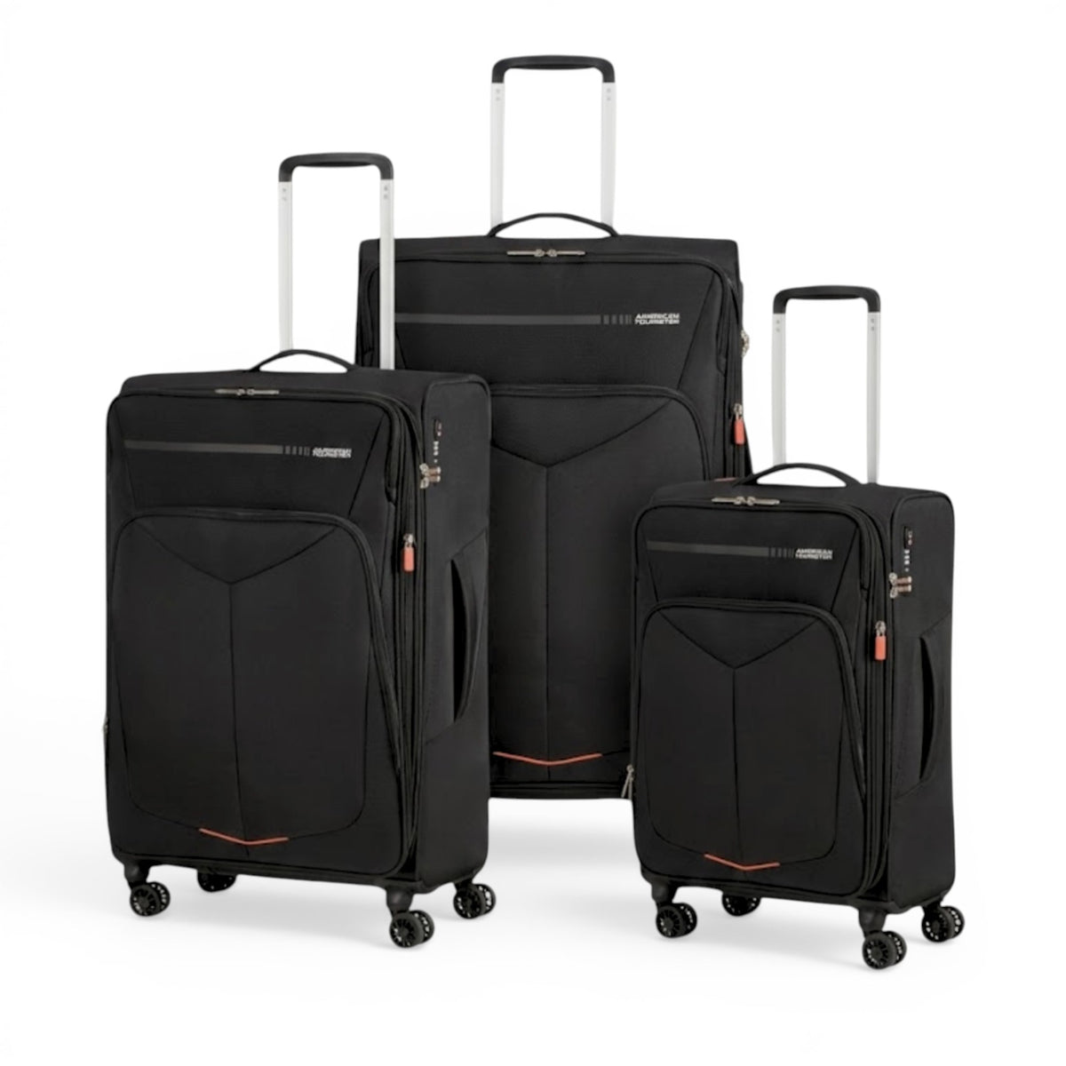 Black American Tourister softside luggage set with spinner wheels, ideal for travel and students